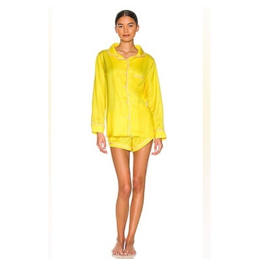 Revolve Plush Pajamas Women’s Yellow‎ 2 Piece Set Button Up Top And Shorts $154